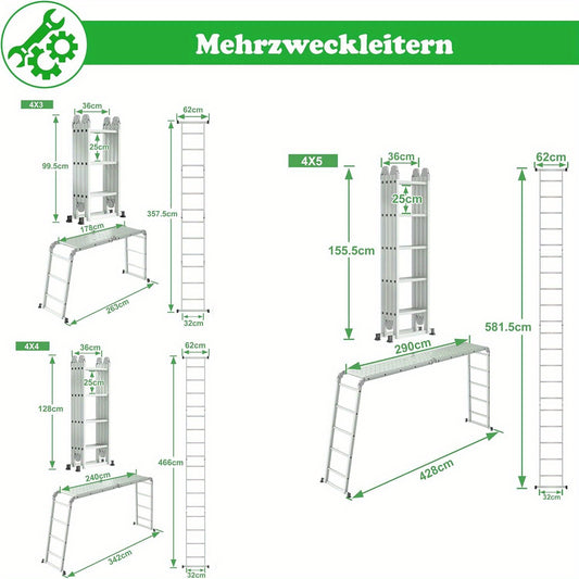 6-in-1 Multi-Purpose Ladders Aluminium Ladder, Scaffolding Safety Ladder, Including Folding Stepladder, 2 Removable Work Platform & 2 Wheel Roller Ladders for Home, Workshop, Garden
