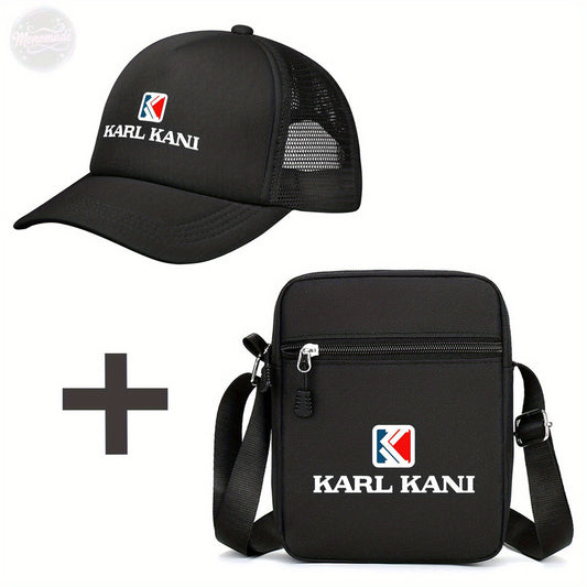 Trendy Karl Kani Logo Sling Bag & Baseball Cap Set - Stylish Crossbody Shoulder Bag with Snapback Hat for Men & Women - Urban Streetwear Fashion Accessories - Perfect Combo for Casual Outfits and Travel Essentials - Karl Kani