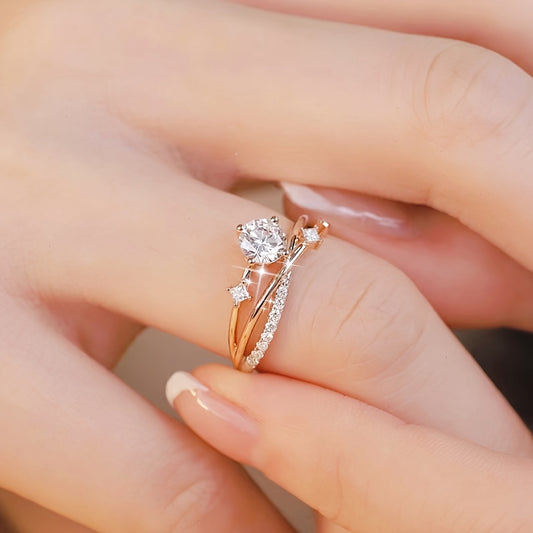 Luxurious Adjustable Starry Sky Ring for Women, Fashionable Engagement Wedding Gift, Geometric Design in Golden, White Golden, Rose Golden - Copper with Synthetic Cubic Zirconia