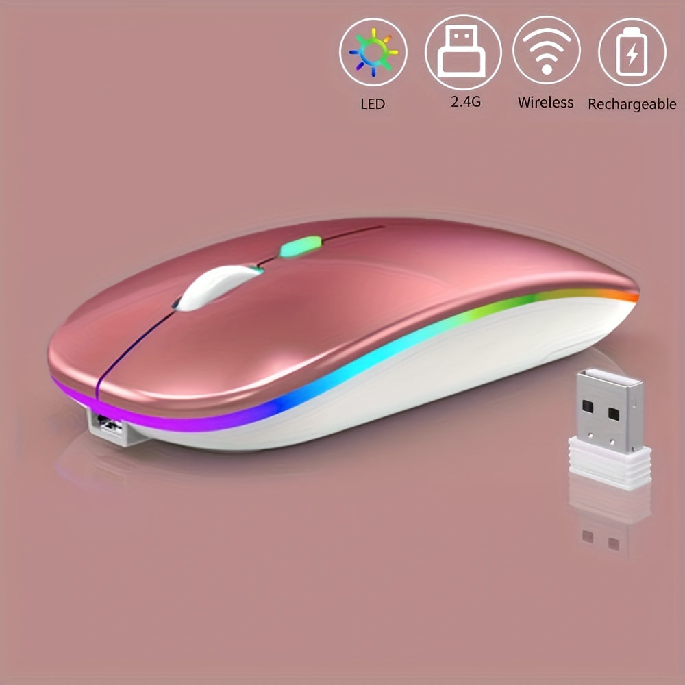 Rechargeable Wireless Mouse, LED Light Up Wireless Mouse, Portable Ergonomic Computer Wireless Mouse with 2.4G/5.0 Dual Mode Switching, Silent Button
