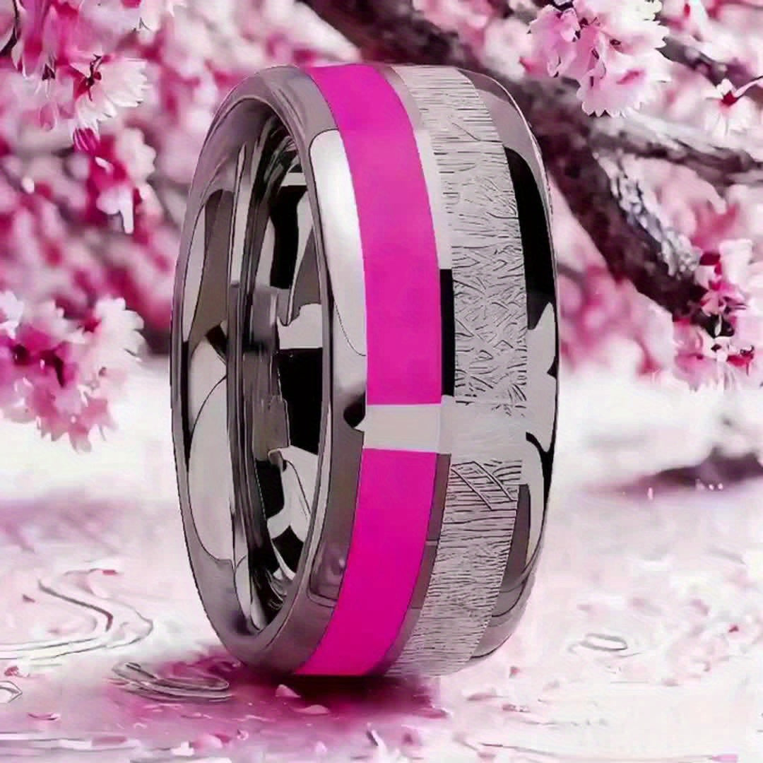 8mm Stainless Steel Ring with Pink Cherry Blossom Inlay - Double Design, Comfortable Fit for Daily Wear & Special Occasions, Perfect Gift for Birthdays, Christmas, Valentine'S Day, Festive Gift Item | Elegant Ring Design | Du