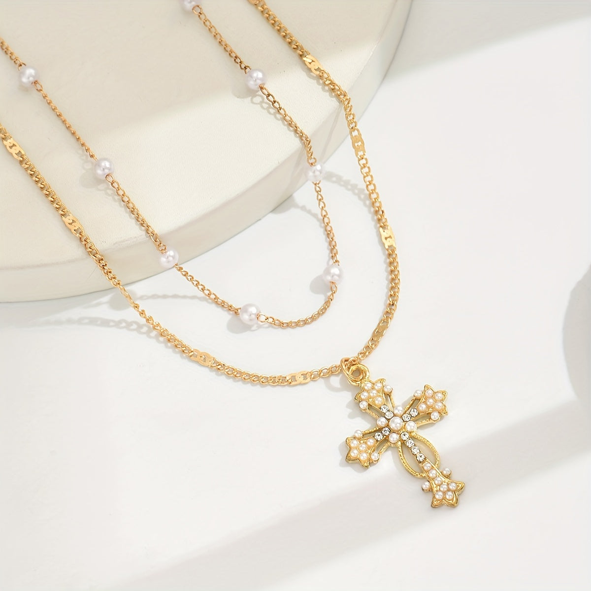1pc Elegant Multi-Layer Golden-Tone Cross Pendant Necklace with Faux & Sparkling Crystals - Versatile Religious Jewelry for Women, Daily Wear & Holiday Accessories, Timeless Accessory, Sophisticated Design, Stylish Accessory,