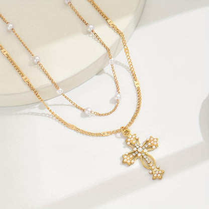 1pc Elegant Multi-Layer Golden-Tone Cross Pendant Necklace with Faux & Sparkling Crystals - Versatile Religious Jewelry for Women, Daily Wear & Holiday Accessories, Timeless Accessory, Sophisticated Design, Stylish Accessory,