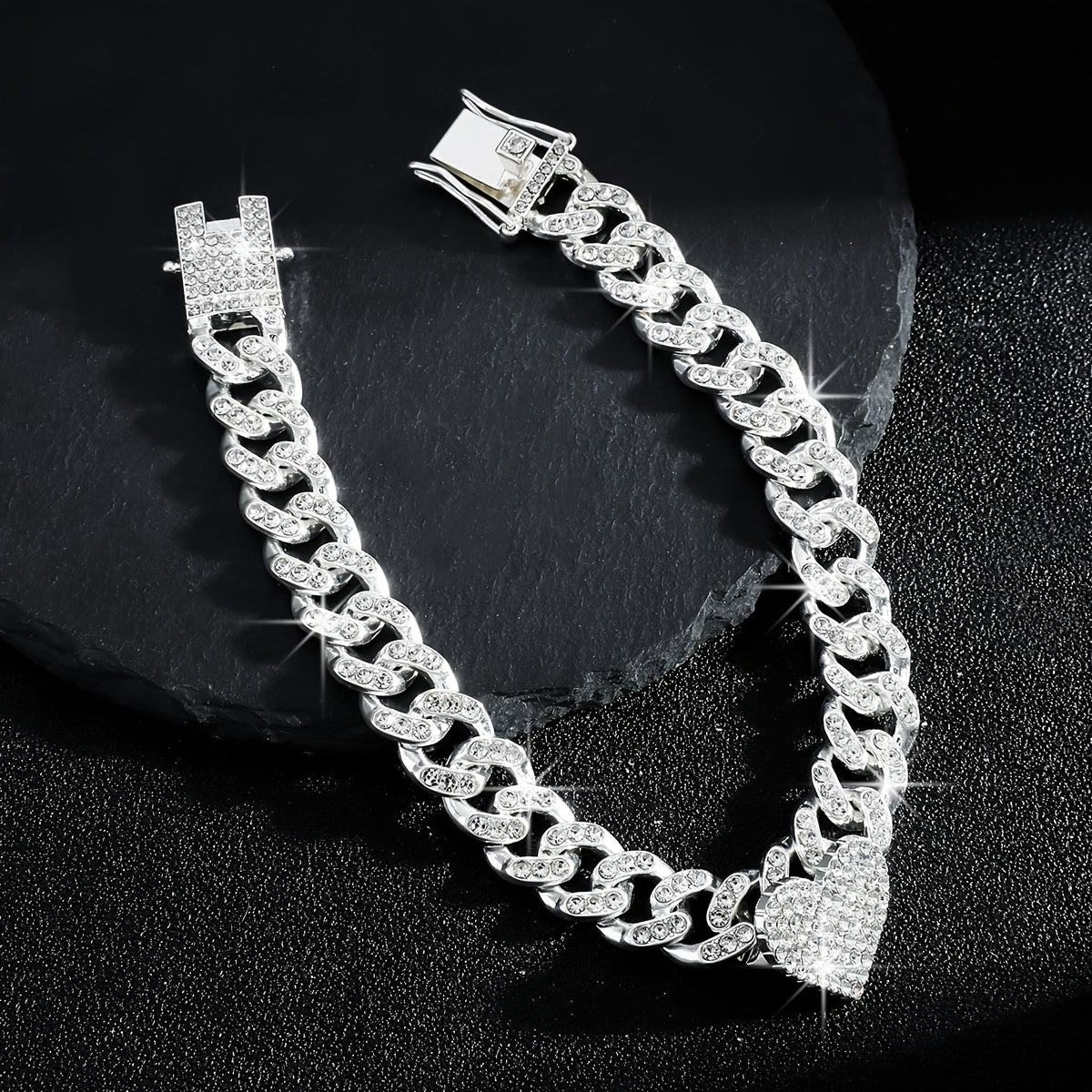 1pc Iced-Out Rhinestone Heart Anklet - Luxurious Golden Cuban Link Chain with Sparkling Stones for Women, Perfect for Casual Attire or Parties, Party Accessories | Heart Charm Anklet | Highquality Jewelry, Heart Jewelry