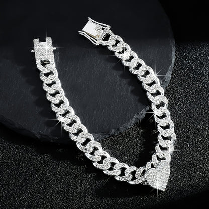 1pc Iced-Out Rhinestone Heart Anklet - Luxurious Golden Cuban Link Chain with Sparkling Stones for Women, Perfect for Casual Attire or Parties, Party Accessories | Heart Charm Anklet | Highquality Jewelry, Heart Jewelry