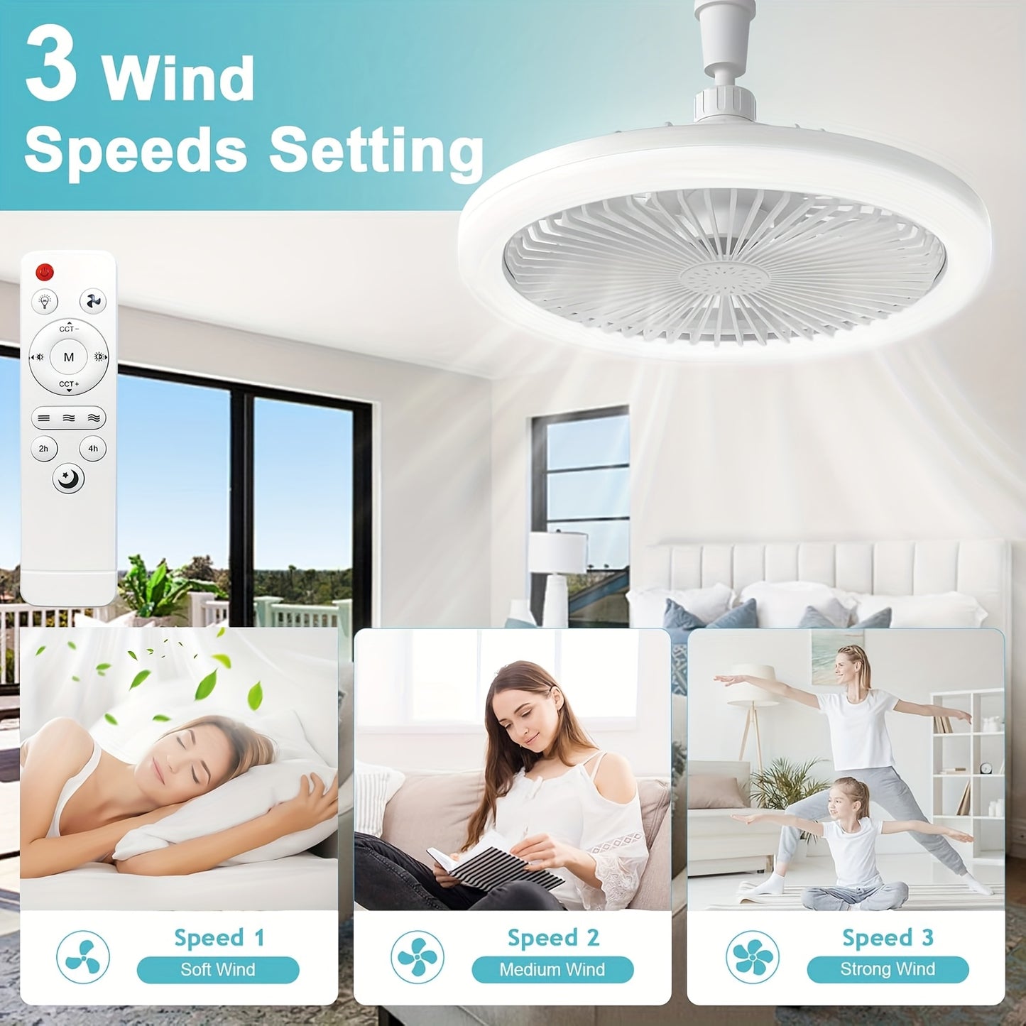 50W 25.4cm LED Smart Ceiling Fan Light with Remote Control, Color Changing and Dimming Features, 2In1 360 degrees Ceiling Fan with Light | E26/27 Socket, Dual Function Cooling and Lighting, Timing, Suitable for for Bedroom, k