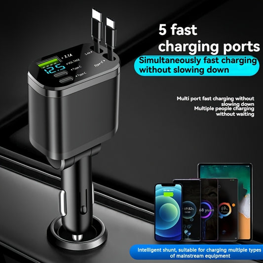 BAIDELUO Car Charger 5-in-1 Retractable Car Phone Charger with Retractable Cable Suitable for iPhone and USB Car Charger, Compatible with Galaxy - Suitable for iOS and Android Systems, Suitable for Various Car Models, Without