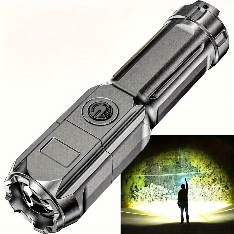 1pc Portable Super Bright Zoomable Flashlight, Rechargeable Long Shot ABS Strong Light Dimming Flashlight, Telescopic Zoom Torch For Outdoor ABS Material