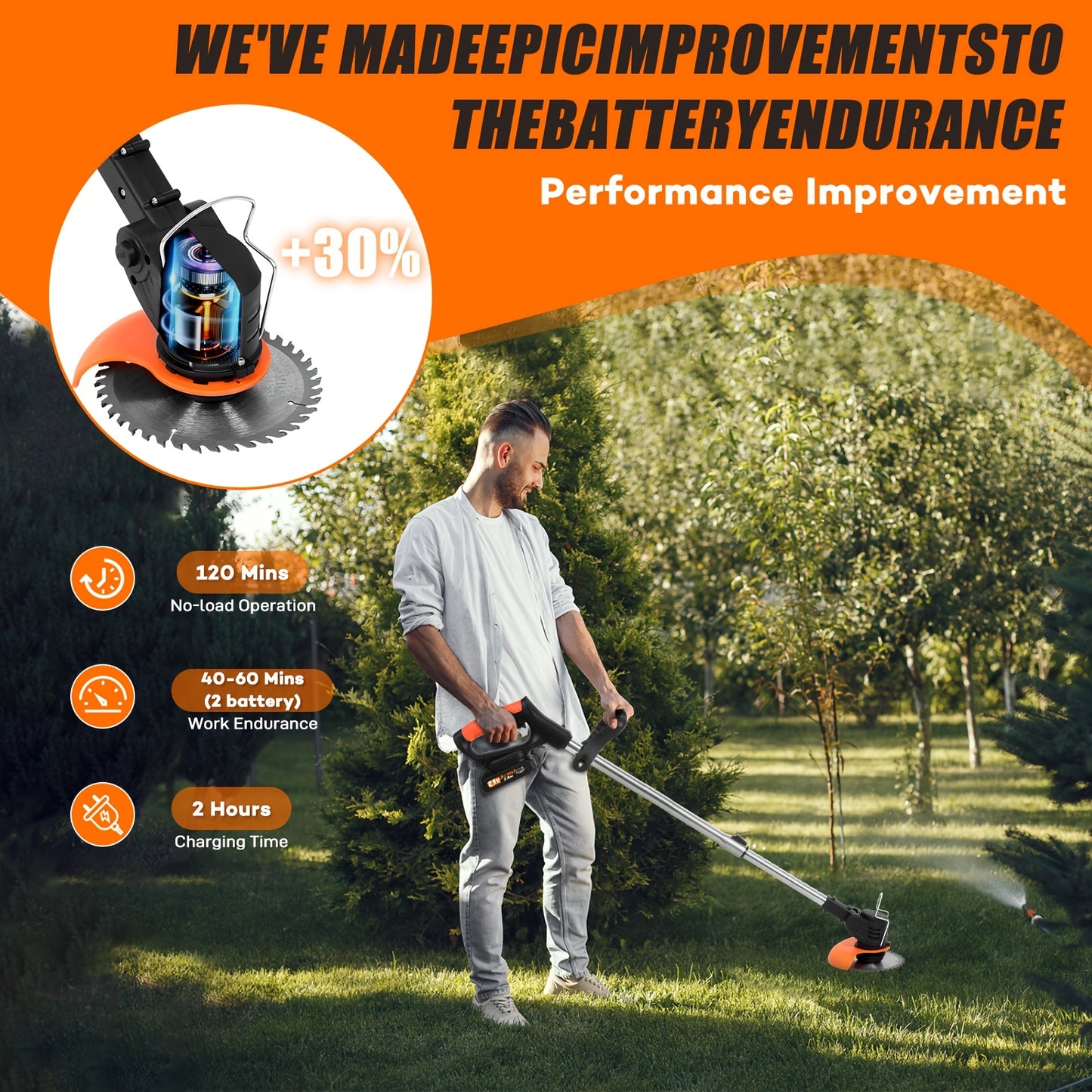 Cordless handheld electric grass trimmer with battery power and auxiliary wheels, multifunctional 3-in-1 grass trimmer pruning tool, used for garden weeding