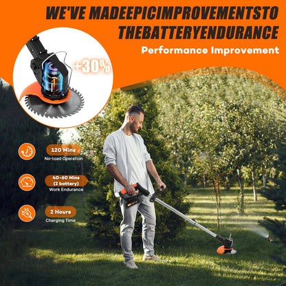 Cordless handheld electric grass trimmer with battery power and auxiliary wheels, multifunctional 3-in-1 grass trimmer pruning tool, used for garden weeding