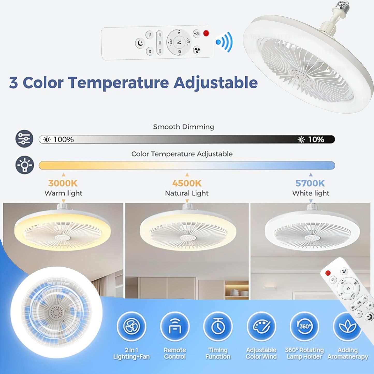 50W 25.4cm LED Smart Ceiling Fan Light with Remote Control, Color Changing and Dimming Features, 2In1 360 degrees Ceiling Fan with Light | E26/27 Socket, Dual Function Cooling and Lighting, Timing, Suitable for for Bedroom, k