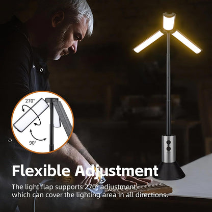 2-in-1 Retractable LED Camping Light, 3000 mAh Rechargeable Retractable Camping Light with USB Rechargeable Battery, 5 Lighting Modes, LED Flashlight, 270° Adjustable, 4 Height Adjustments, Hanging and Standing, Hidden Hook