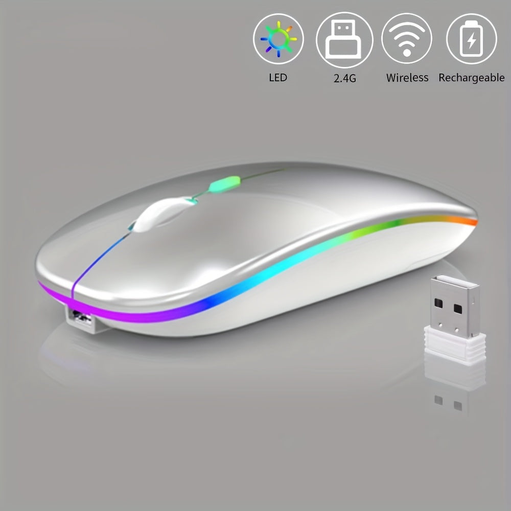 Rechargeable Wireless Mouse, LED Light Up Wireless Mouse, Portable Ergonomic Computer Wireless Mouse with 2.4G/5.0 Dual Mode Switching, Silent Button