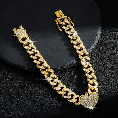 1pc Iced-Out Rhinestone Heart Anklet - Luxurious Golden Cuban Link Chain with Sparkling Stones for Women, Perfect for Casual Attire or Parties, Party Accessories | Heart Charm Anklet | Highquality Jewelry, Heart Jewelry