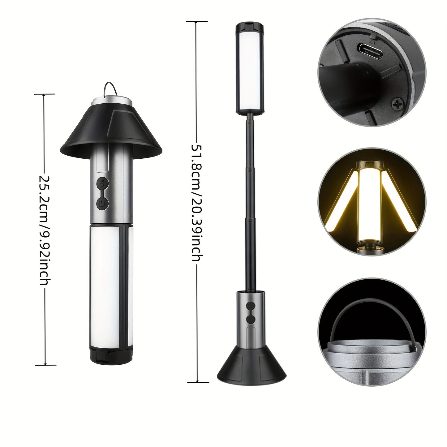 2-in-1 LED Camping Light with High Brightness Flashlight - 4 Extendable Rods, 270° Adjustable Beam, Hook Design, Removable Shade Cover, Dual Use for Switch Mode, USB Rechargeable Camping Light Holder Base, Ideal for Outdoor