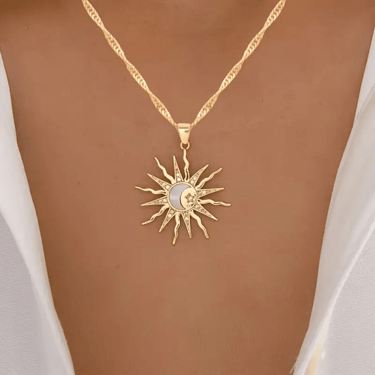 1pc Boho-Chic Celestial Charm Necklace for Women - Adjustable Sun, Moon & Star Pendant, Golden-Tone Alloy with Rhinestone Accents - Ideal for Daily Wear & Vacation