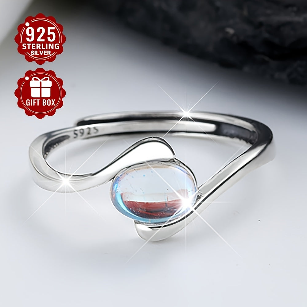 1pc Women's Wedding Ring, S925 Sterling Silvery Minimalist Oval Moonstone Geometric Spiral Open Adjustable Index Finger Ring for Daily Wear, Parties & Gifts – Perfect Surprise for Friends Loved Ones