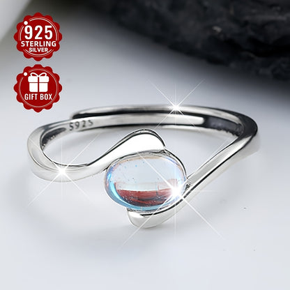 1pc Women's Wedding Ring, S925 Sterling Silvery Minimalist Oval Moonstone Geometric Spiral Open Adjustable Index Finger Ring for Daily Wear, Parties & Gifts – Perfect Surprise for Friends Loved Ones