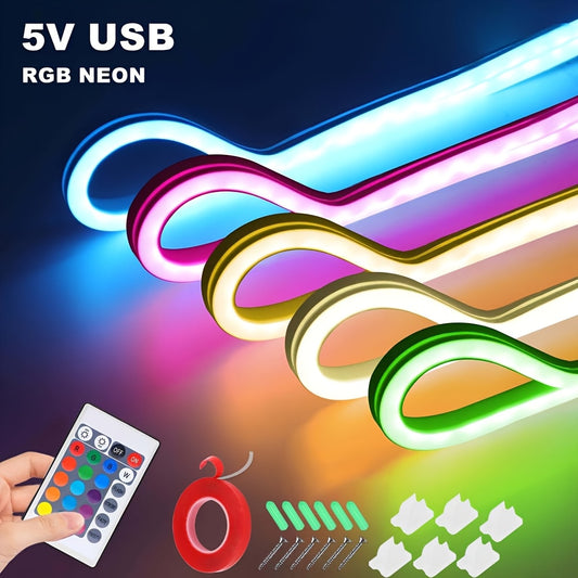 Dynamic RGB DIY Neon Sign & Flexible LED Light Strip - USB Powered, Remote Control, Malleable for Parties, Home Decor, TV Backlight, Cabinet Lighting, Bedroom Ambiance, Stage Lighting with Double-Sided Tape, Screws, Expansion