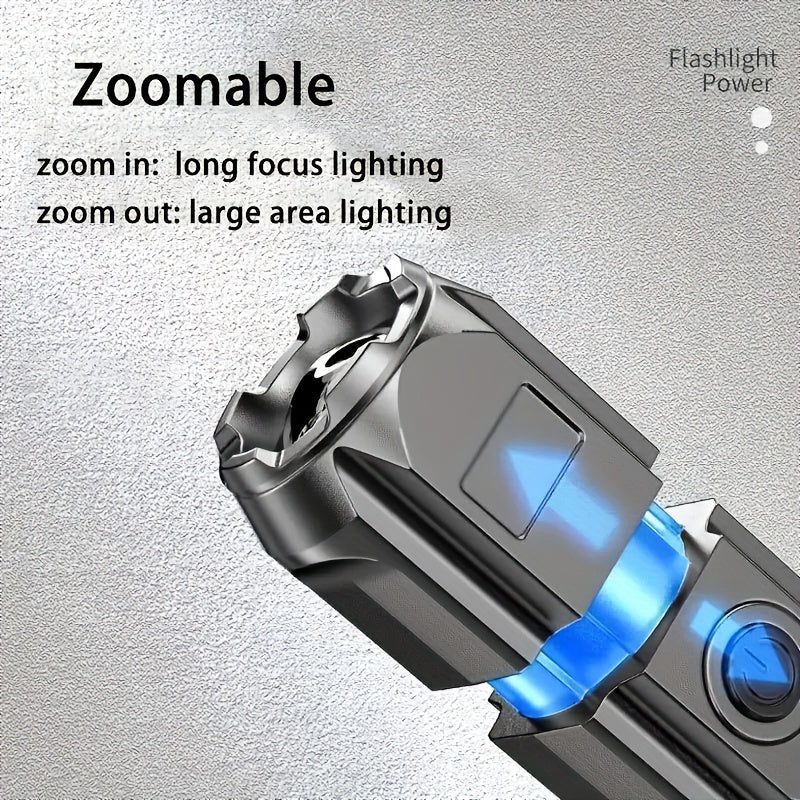 1pc Portable Super Bright Zoomable Flashlight, Rechargeable Long Shot ABS Strong Light Dimming Flashlight, Telescopic Zoom Torch For Outdoor ABS Material
