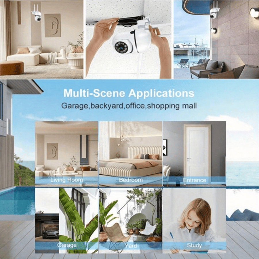 A 1440P Wi-Fi Smart Home Security Camera - 355° Pan-Tilt-Zoom, Color Night Vision, Two-Way Audio, Pet Motion Tracking, Indoor/Outdoor, Wireless, Motion Detection, Real-Time App Viewing, Two-Way Communication - Easy to Instal