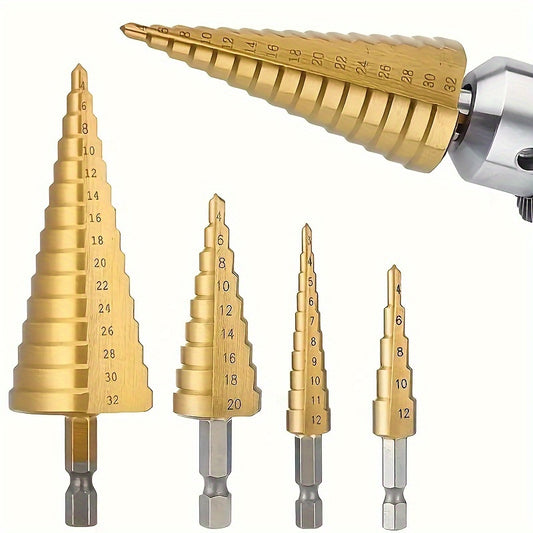 3pcs Titanium-Coated HSS Drill Bits Set, 3-12mm, 4-12mm, 4-20mm Straight Groove Step Cone Cutters, Precision Hole Sawing, Hex Shank, Metal, No Power Required, Home Renovation Tool Accessories
