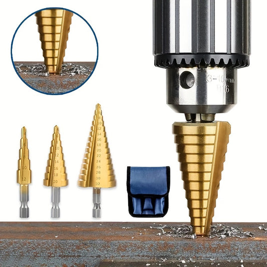 3pcs Titanium-Coated HSS Drill Bits Set, 3-12mm, 4-12mm, 4-20mm Straight Groove Step Cone Cutters, Precision Hole Sawing, Hex Shank, Metal, No Power Required, Home Renovation Tool Accessories