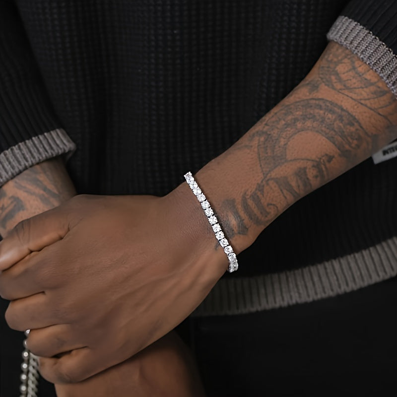 1pc Alloy Hip Hop Tennis Bracelet with Shiny Zirconia for Men and Women, Trendy Unplated Chain Wrist Jewelry for Daily and Party Accessory