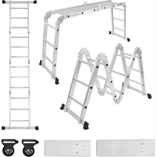 6-in-1 Multi-Purpose Ladders Aluminium Ladder, Scaffolding Safety Ladder, Including Folding Stepladder, 2 Removable Work Platform & 2 Wheel Roller Ladders for Home, Workshop, Garden
