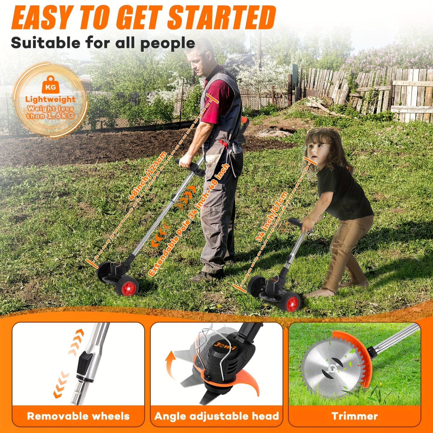 Cordless handheld electric grass trimmer with battery power and auxiliary wheels, multifunctional 3-in-1 grass trimmer pruning tool, used for garden weeding