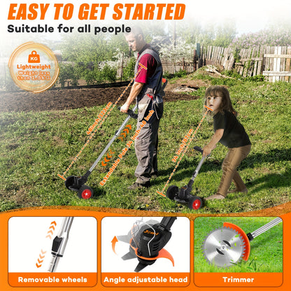 Cordless handheld electric grass trimmer with battery power and auxiliary wheels, multifunctional 3-in-1 grass trimmer pruning tool, used for garden weeding