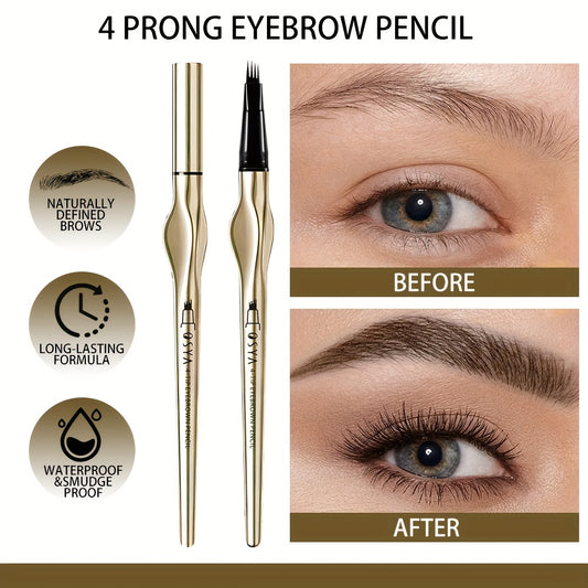 4-Tip Long-Lasting Eyebrow Pencil for All Skin Types, Multi-Tonal Semi-Permanent Brow Contouring Pen with Precision Applicators, Metallic Finish & Black Ink for Flawless Brows