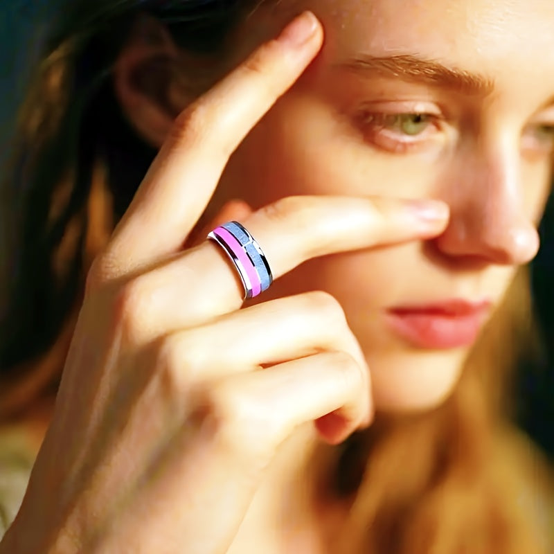 8mm Stainless Steel Ring with Pink Cherry Blossom Inlay - Double Design, Comfortable Fit for Daily Wear & Special Occasions, Perfect Gift for Birthdays, Christmas, Valentine'S Day, Festive Gift Item | Elegant Ring Design | Du