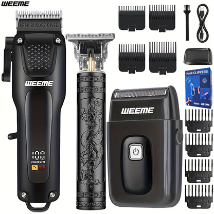 WEEME 3pcs Premium Men's Grooming Set Professional Hair Clipper Kit with Cordless Shaver Beard Trimmer LCD Display & USB Fast Charge Ideal Gift for Father's Day/Birthday/Anniversary (for Dad/Husband/Groom)