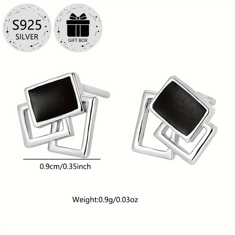2-Pack Boho Sexy 925 Sterling Silver Square Stud Earrings with Resin Inlay, Lightweight 0.9g, Daily & Gift Occasion, All-Season Jewelry with Gift Box