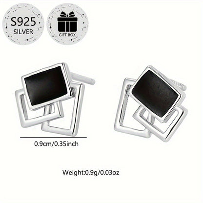 2-Pack Boho Sexy 925 Sterling Silver Square Stud Earrings with Resin Inlay, Lightweight 0.9g, Daily & Gift Occasion, All-Season Jewelry with Gift Box