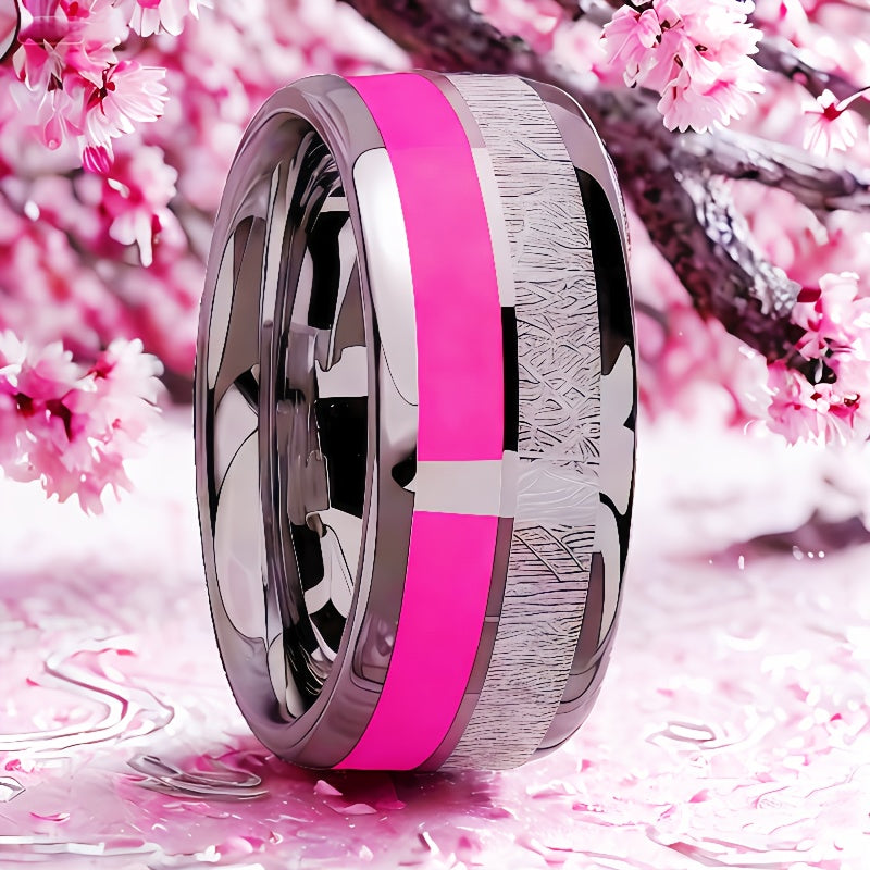8mm Stainless Steel Ring with Pink Cherry Blossom Inlay - Double Design, Comfortable Fit for Daily Wear & Special Occasions, Perfect Gift for Birthdays, Christmas, Valentine'S Day, Festive Gift Item | Elegant Ring Design | Du