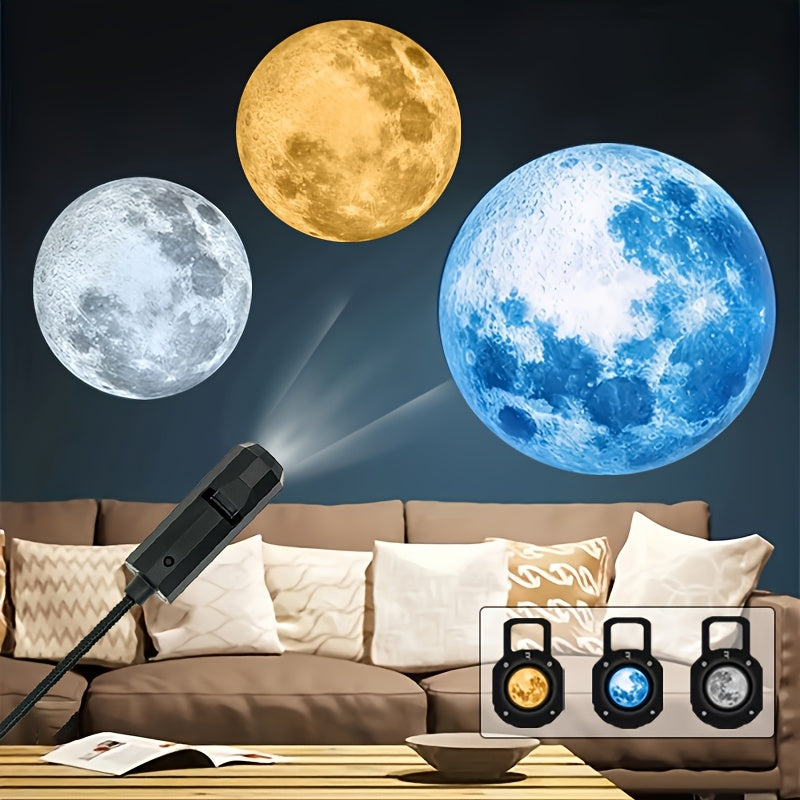 1pc Light + 3pcs Moon Light Plug in Yellow, White, Blue. USB Interface Plug In, Portable LED Projection Light Bedroom Ceiling Photo Background, 360° Rotatable USB Lamp Light Decoration for Ceiling Decoration, Proposal Weddin