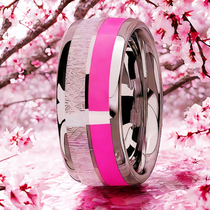 8mm Stainless Steel Ring with Pink Cherry Blossom Inlay - Double Design, Comfortable Fit for Daily Wear & Special Occasions, Perfect Gift for Birthdays, Christmas, Valentine'S Day, Festive Gift Item | Elegant Ring Design | Du