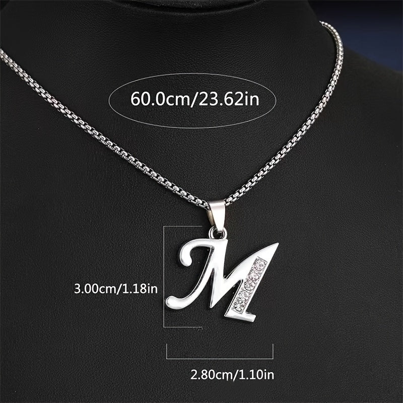 Stainless Steel Hip Hop Initial Necklace, Glass Embedded Alphabet Pendant, Daily Occasion Jewelry, Ideal Graduation Gift, All-Season Accessory, Perfect for Halloween, Daily Wear Jewelry|Hip Hop Style|Glass Embedded Lette