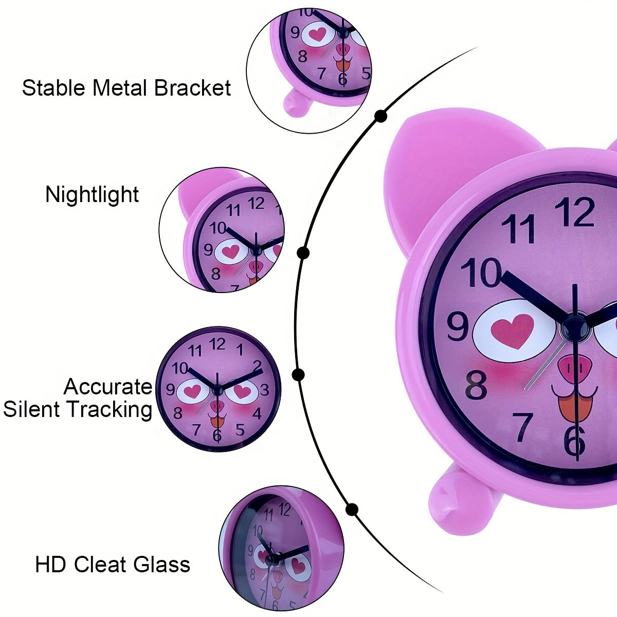 A pink cartoon animal-shaped alarm clock that simulates, silent without ticking, a plastic clock powered by batteries, can be set to remind, suitable for rooms, bedside tables, desks, ideal gift (without batteries)