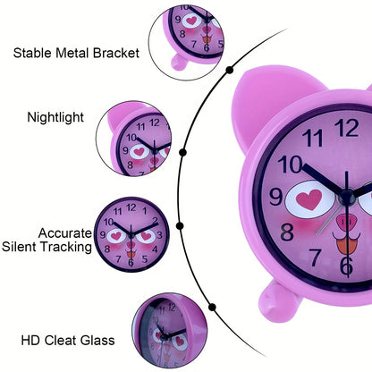 A pink cartoon animal-shaped alarm clock that simulates, silent without ticking, a plastic clock powered by batteries, can be set to remind, suitable for rooms, bedside tables, desks, ideal gift (without batteries)