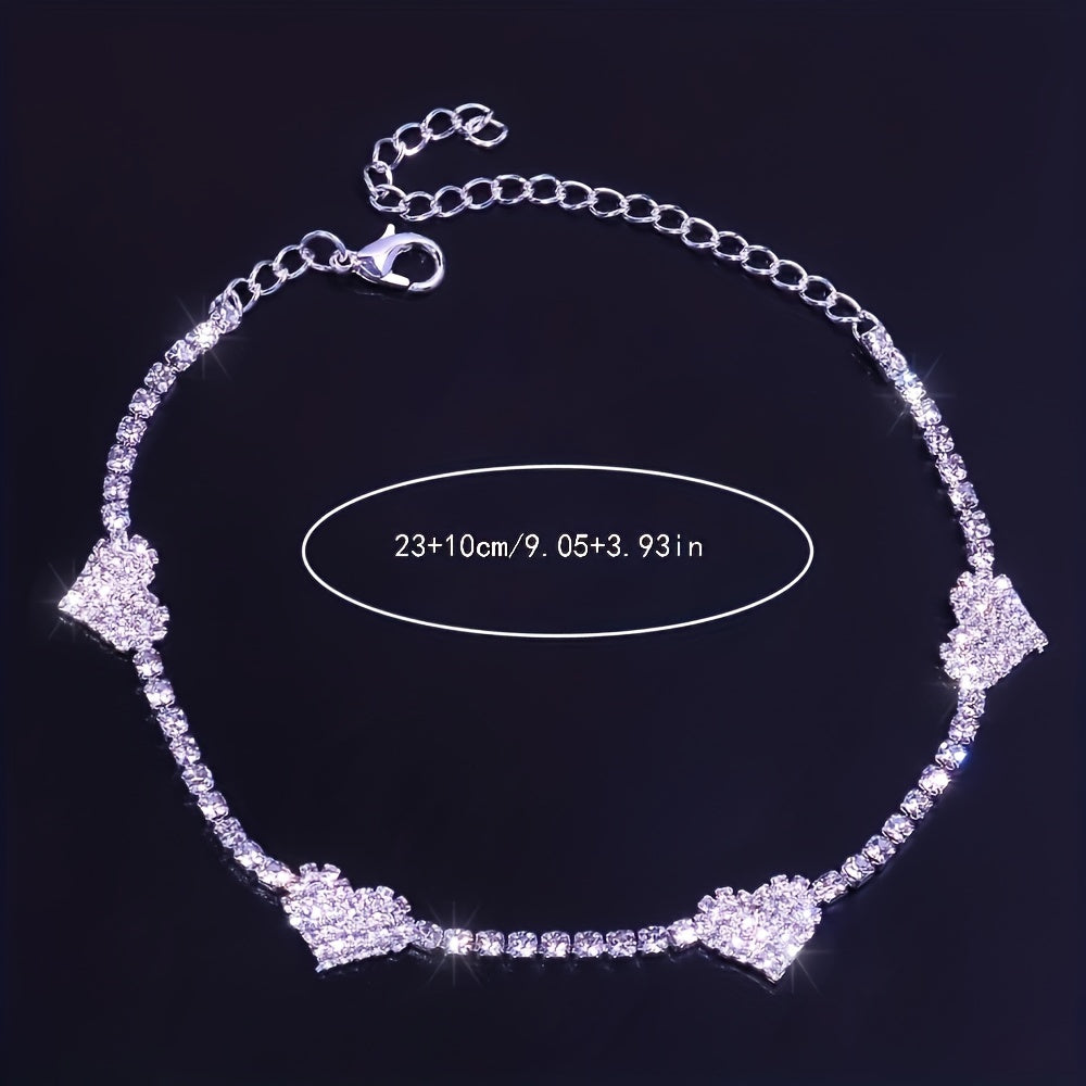 Elegant Rhinestone Heart Charm Anklet for Women, Copper with Specialty Plating, Versatile Foot Jewelry for Daily Wear - Single Pack