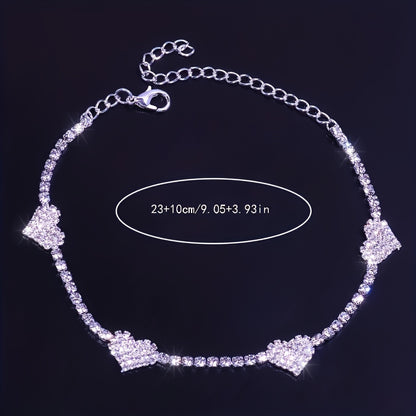 Elegant Rhinestone Heart Charm Anklet for Women, Copper with Specialty Plating, Versatile Foot Jewelry for Daily Wear - Single Pack