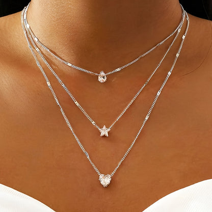 Elegant Multi-Layer Necklace Set for Women, Heart, Star & Teardrop Pendants, Rhinestone Embellished, Iron Chain, Versatile for Daily & Party Wear, All-Season Accessory