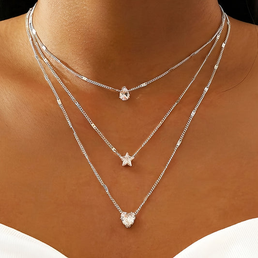 Elegant Multi-Layer Necklace Set for Women, Heart, Star & Teardrop Pendants, Rhinestone Embellished, Iron Chain, Versatile for Daily & Party Wear, All-Season Accessory