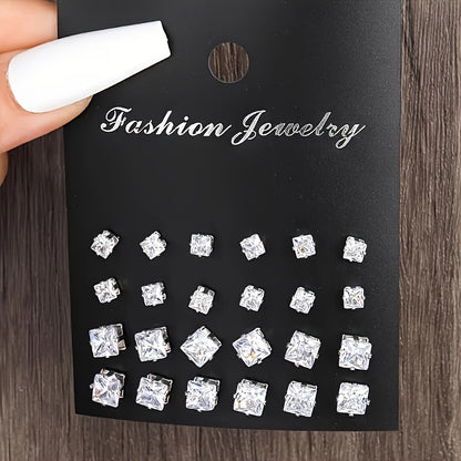 Elegant 48pcs Stud Earrings Set for Women - Sparkling Rhinestone Accents, Round & Square Shapes, Stainless Steel Posts, The rhinestone base is made of iron, Perfect for Casual Attire & Parties
