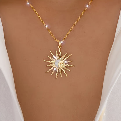 1pc Boho-Chic Celestial Charm Necklace for Women - Adjustable Sun, Moon & Star Pendant, Golden-Tone Alloy with Rhinestone Accents - Ideal for Daily Wear & Vacation