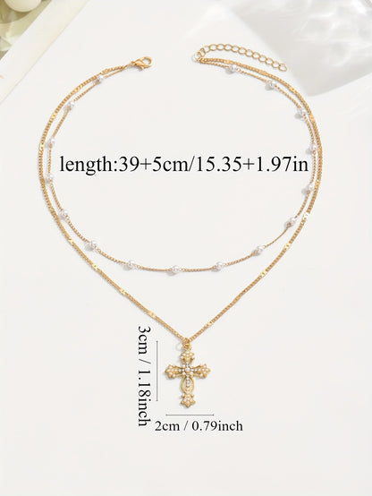 1pc Elegant Multi-Layer Golden-Tone Cross Pendant Necklace with Faux & Sparkling Crystals - Versatile Religious Jewelry for Women, Daily Wear & Holiday Accessories, Timeless Accessory, Sophisticated Design, Stylish Accessory,