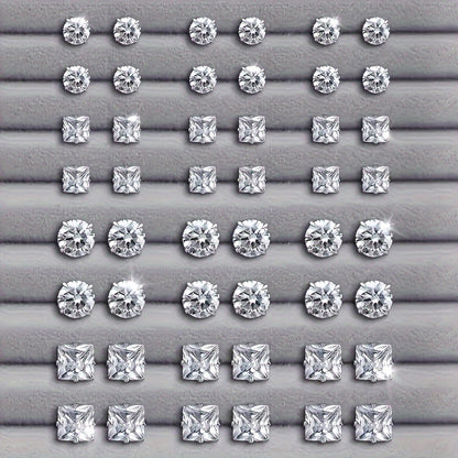 Elegant 48pcs Stud Earrings Set for Women - Sparkling Rhinestone Accents, Round & Square Shapes, Stainless Steel Posts, The rhinestone base is made of iron, Perfect for Casual Attire & Parties